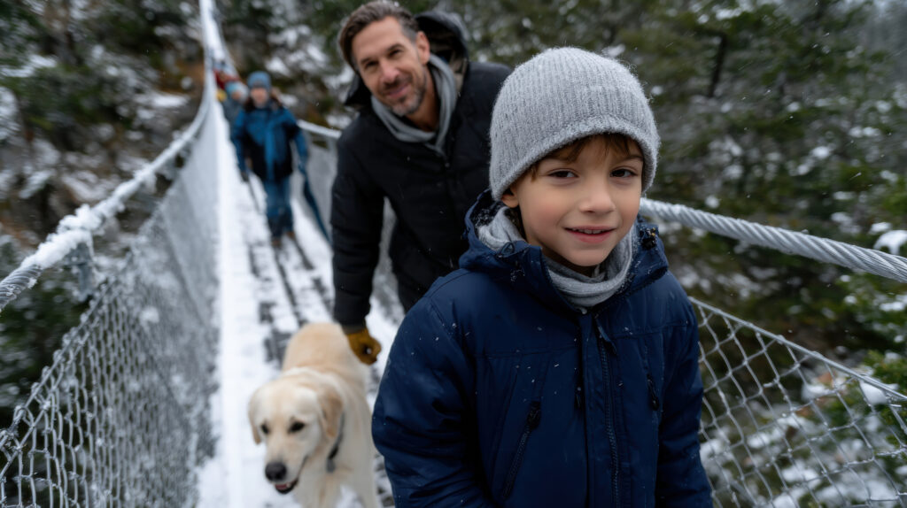 Family with a child crossing Capilano Suspension Bridge during winter in North Vancouver.