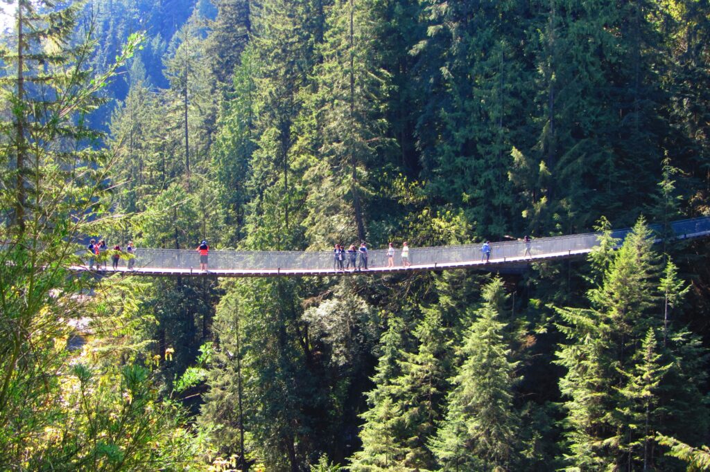 Visitors crossing Capilano Suspension Bridge in North Vancouver
