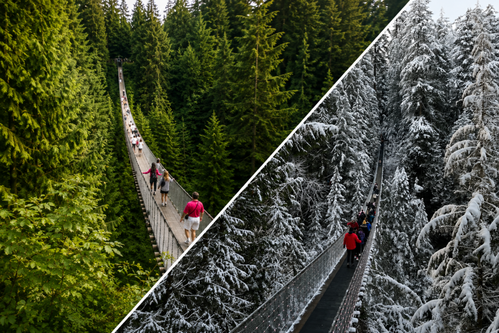 Capilano Suspension Bridge during summer and winter highlighting year-round visits in North Vancouver