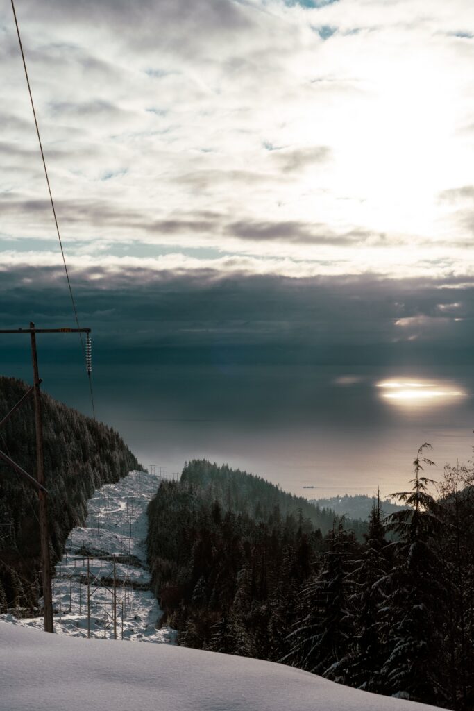 Panoramic view from Grouse Mountain overlooking Vancouver, the Pacific Ocean and the Coast Mountains in British Columbia.