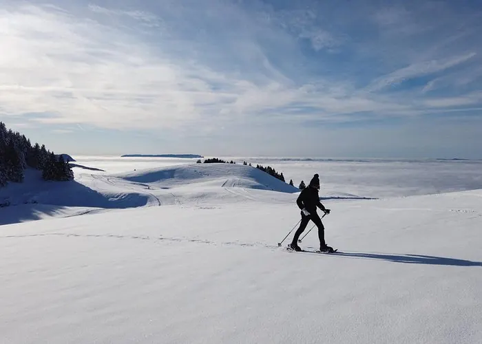 Snowshoer hiking across a snowy Alpine landscape above the clouds near Annecy