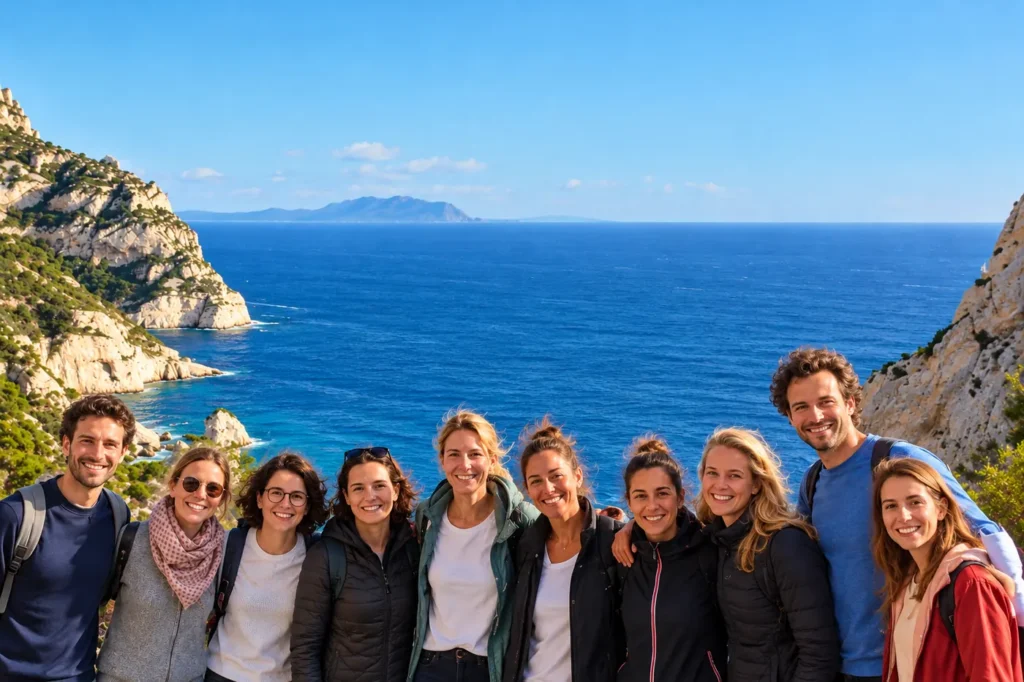 Group of travelers smiling at a scenic Mediterranean coastal viewpoint with limestone cliffs and blue sea