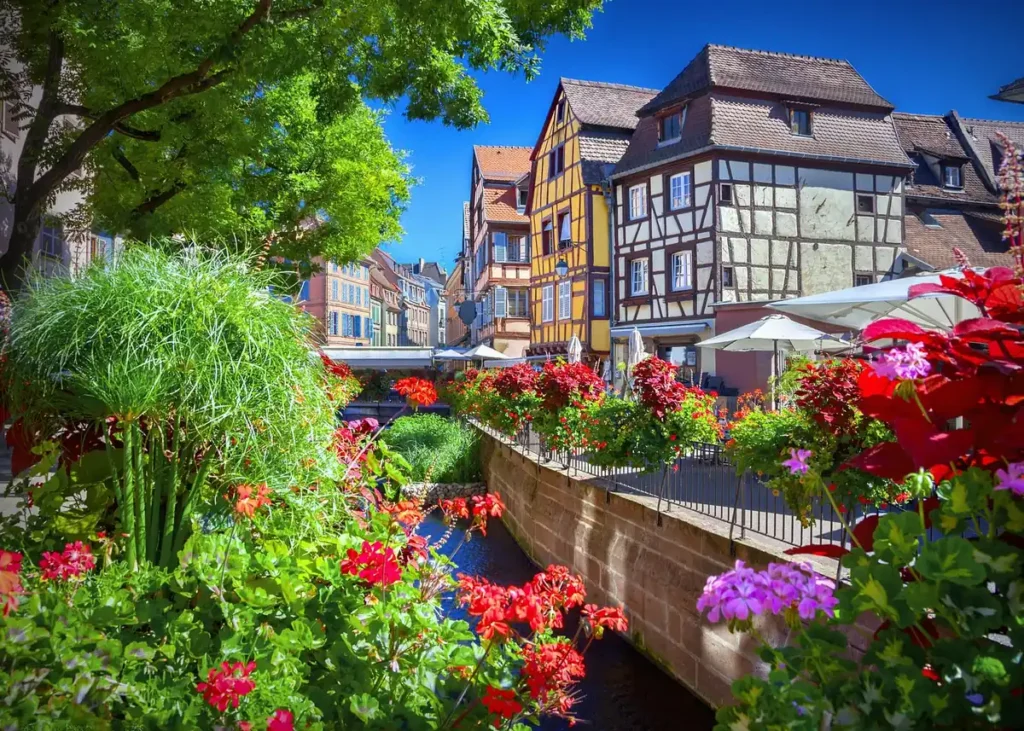 Colorful flowers along a canal beside traditional half-timbered houses in Colmar, Alsace