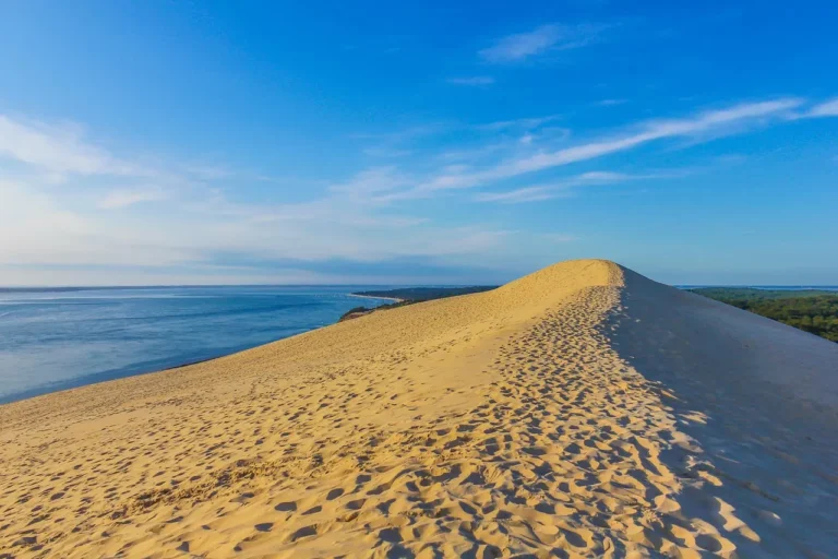 Panoramic view from the Dune du Pilat overlooking Arcachon Bay and the Atlantic coastline in France