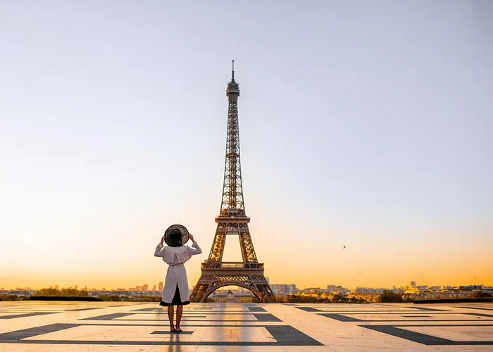Eiffel Tower at sunset viewed from Trocadéro in Paris, France