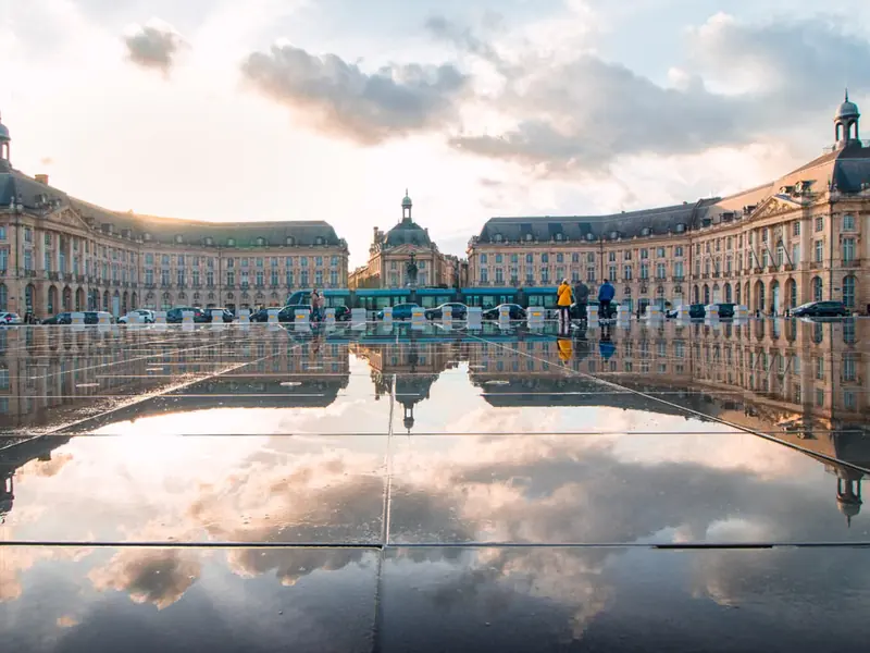 Place de la Bourse reflected in the Miroir d'Eau water mirror in Bordeaux, France
