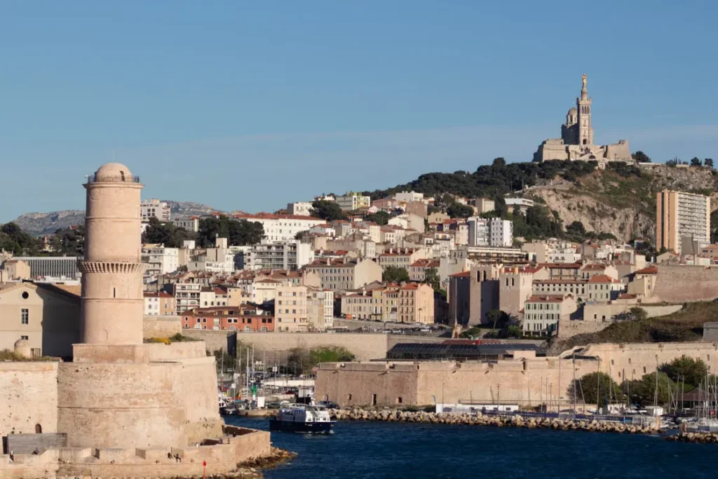 Marseille Vieux-Port with Fort Saint-Jean and Notre-Dame de la Garde basilica overlooking the city