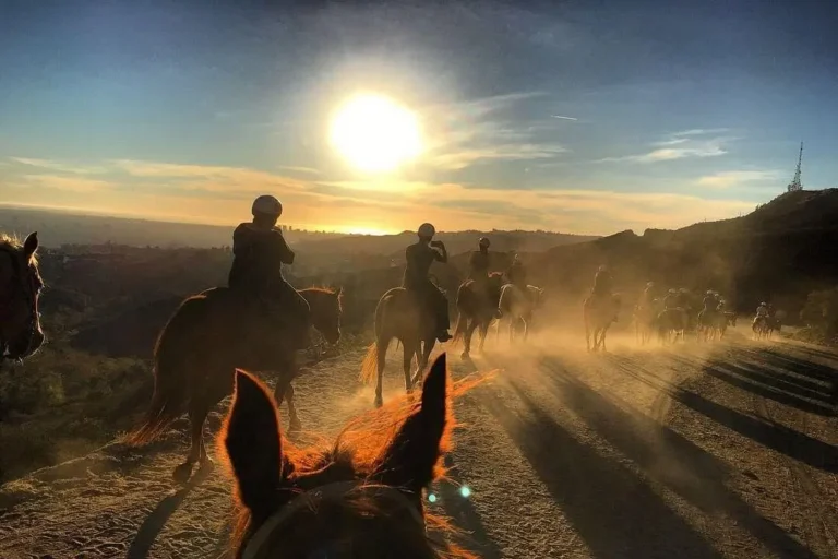 Group of horseback riders following a dusty trail through the Hollywood Hills at sunset in Los Angeles