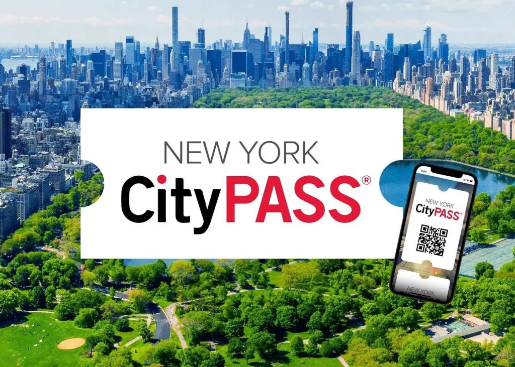 New York CityPASS sightseeing pass graphic with Manhattan skyline, Central Park and a mobile admission ticket