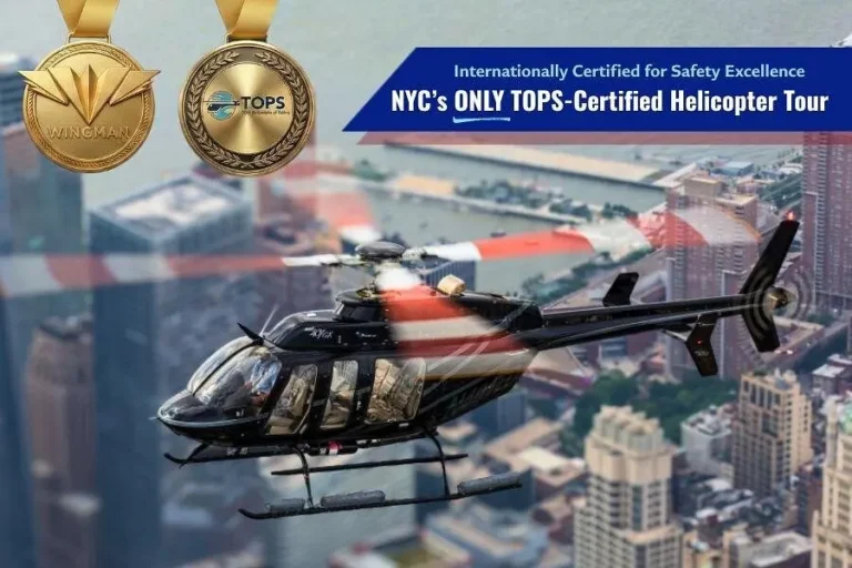 Black sightseeing helicopter flying above Manhattan with safety certification badges displayed on the promotional image