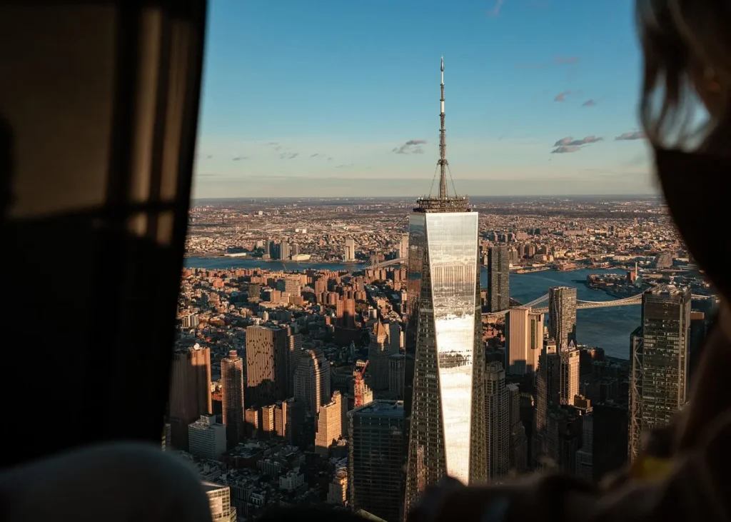 Aerial view of One World Trade Center and Lower Manhattan through a helicopter window in New York City