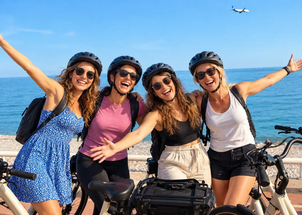 Group of four smiling women wearing bicycle helmets beside bikes on a sunny Mediterranean seafront