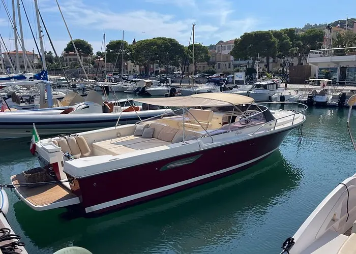 Private luxury motorboat moored at a marina in Saint-Jean-Cap-Ferrat on the French Riviera