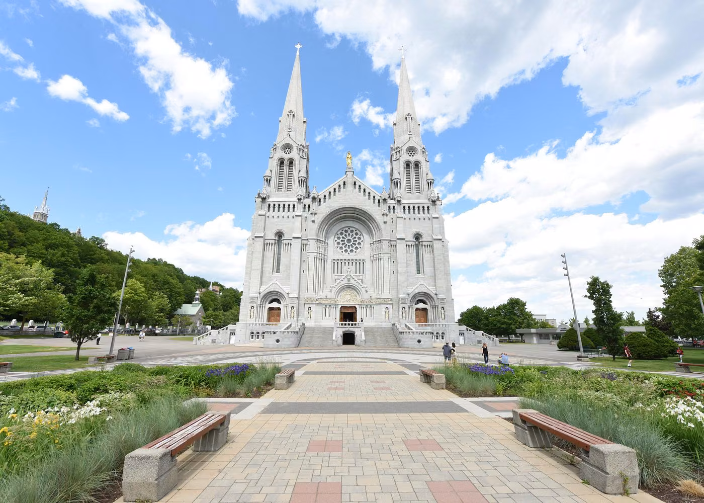 Sainte-Anne-de-Beaupré Basilica with its twin spires near Quebec City, Canada