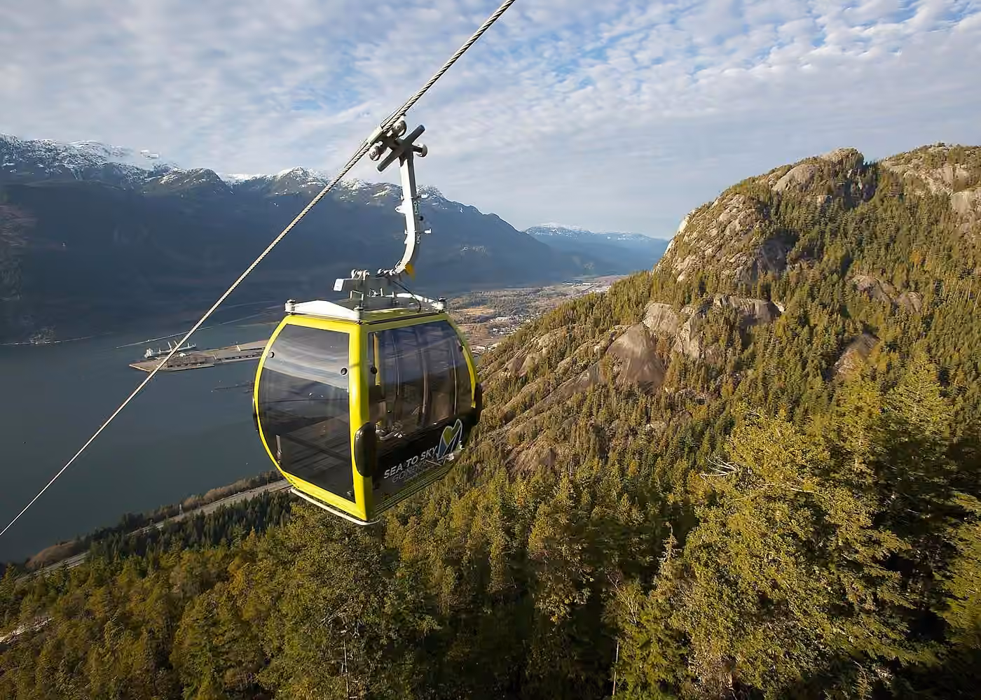 Sea to Sky Gondola cabin overlooking Howe Sound and the Coast Mountains near Squamish, British Columbia