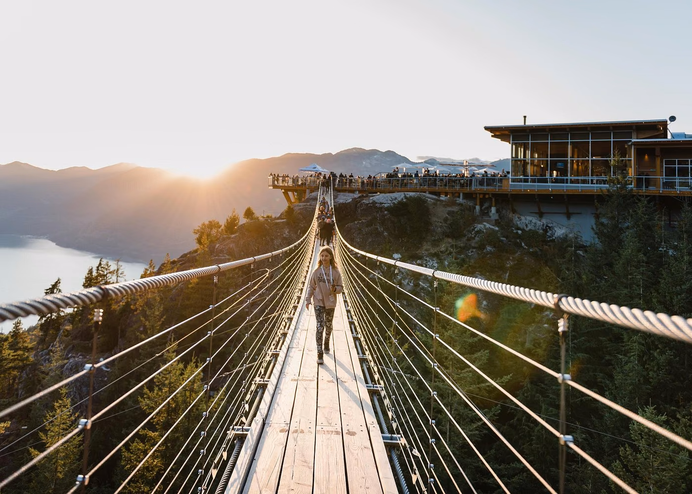 Sky Pilot Suspension Bridge at the Sea to Sky Gondola in Squamish overlooking Howe Sound at sunset